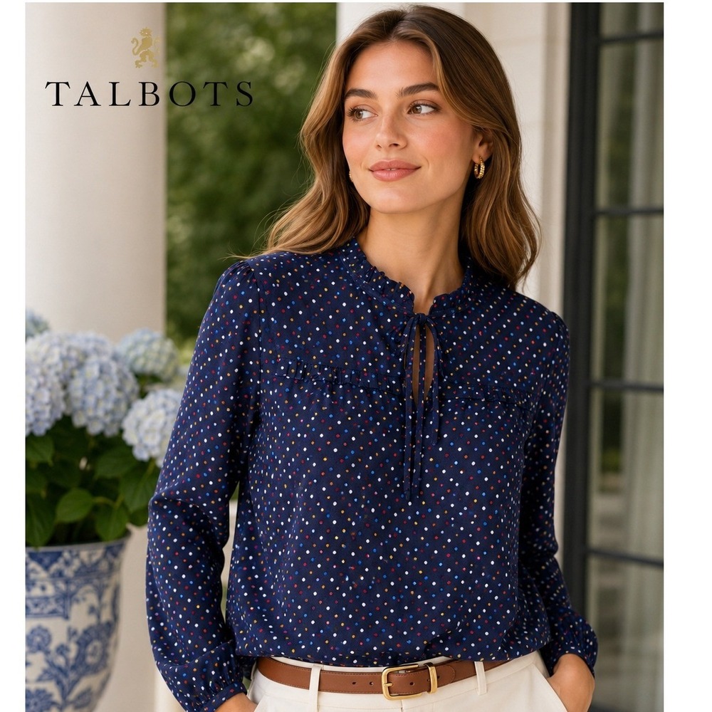 Talbots Polka Dot Ruffle Neck Blouse Medium Navy Rayon Tie Front Top